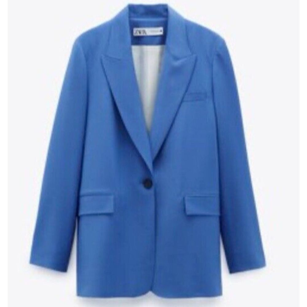 Zara Blazer Sz M Longline Blue Single Breasted Notch Lapel Oversized‎